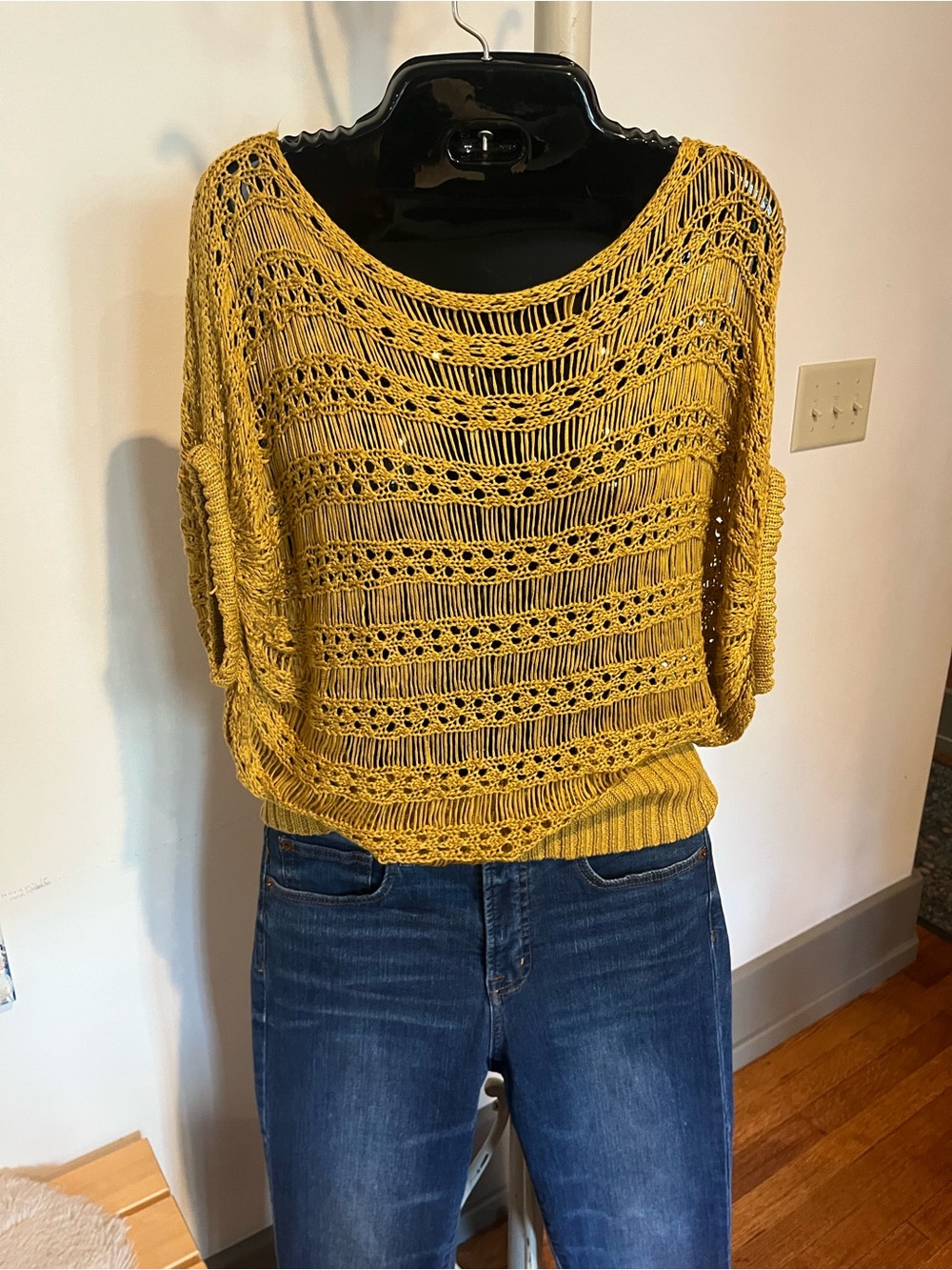 Forever 21 Mustard Open-Weave Crochet Boatneck Sweater with ribbed waist